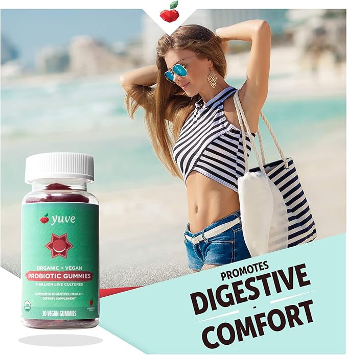 Yuve Vegan USDA Organic Probiotic Gummies - 5 Billion CFU - Promotes Digestive Health & Immunity - Helps with Constipation, Bloating, Detox, Leaky Gut & Gas Relief - Natural, Non-GMO, Gluten-Free 30ct