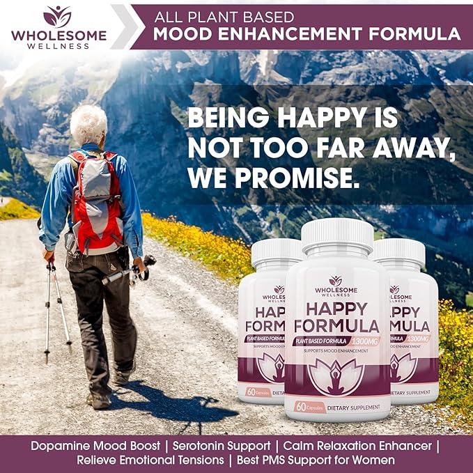Wholesome Wellness Happy Formula Natural Formula Relief Supplement for Women & Men | 60 Capsules