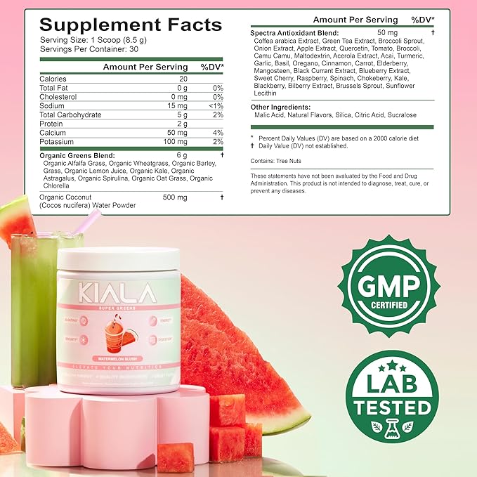 Kiala Nutrition Super Greens, Organic Greens Powder with Spirulina & Chlorella for Digestion, Gut Health, Immunity & Energy, Gluten Free, Vegan, Daily Support for Women, Watermelon Slush, 30 Servings