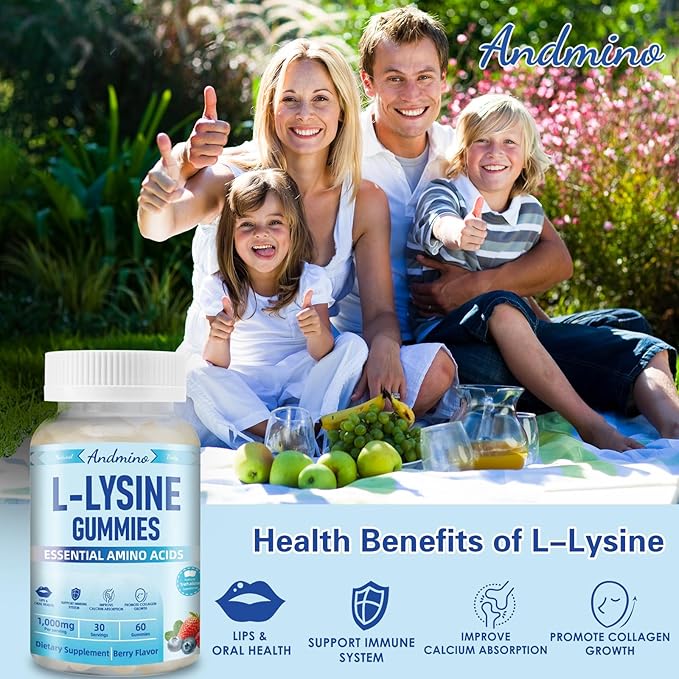 L-Lysine Gummies 1000 mg, with Trehalose, L Lysine Gummies for Lips & Oral Health, Boost Immune & Collagen & Calcium, for Adults & Kids, Non-GMO, Vegan, Gluten Free, Berry Flavor, 60