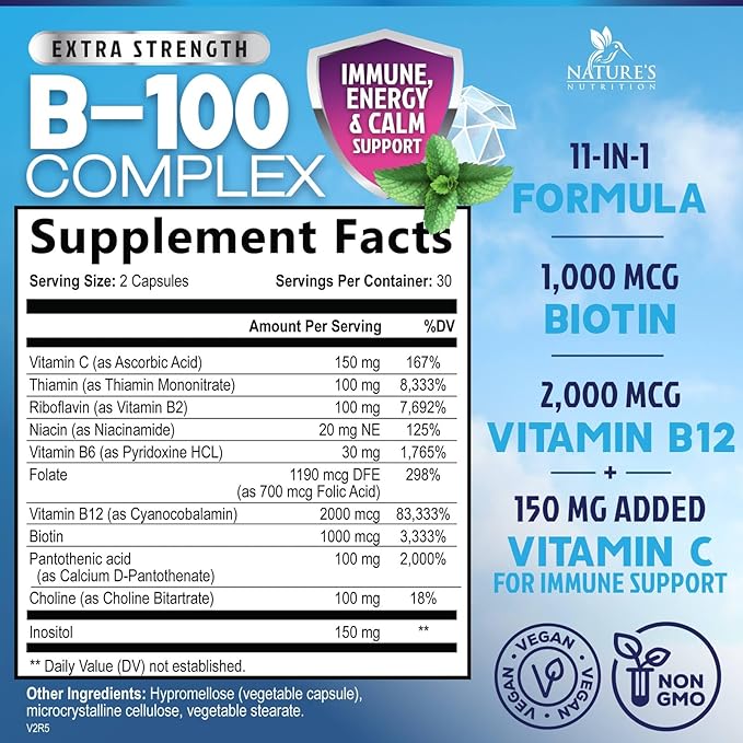 Vitamin B Complex Capsules with Vitamins B1 B2 B3 B6 B12 B100 C Biotin Folate & Folic Acid - Supplement for Energy, Brain, & Immune Support - Super B Vitamin Complex for Women & Men - 60 Vegan Pills