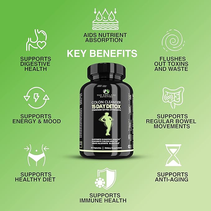THE ENCLARE NUTRITION Colon Cleanser Detox. Premium 15 Day Fast-Acting Diet Pills, Probiotic, Fiber, Natural Laxatives Constipation Relief, Bloating. Boosts Energy, Focus, Gut Health (1)