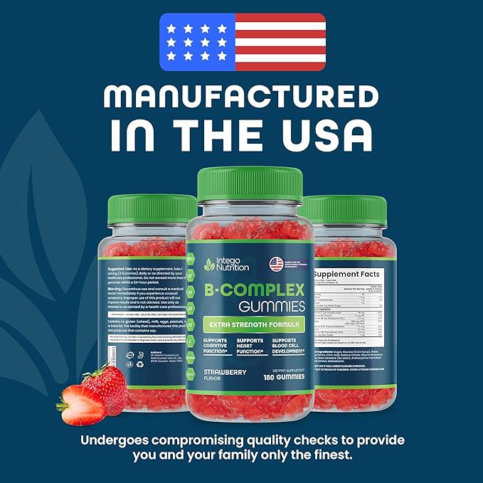 Vitamin B Complex Gummies for Adults, B Complex Vitamin Supplement for Women and Men, B Vitamins Complex Gummies for Energy and Brain Health, Natural Strawberry Flavor, 180 Count