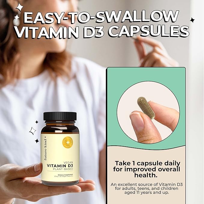Future Kind Vegan Vitamin D3 (30 Softgels in Glass Bottle) - 2500 IU Plant-Based Vitamin D Supplements for Cell and Immune Support - Sugar-Free, Lichen-Based Vitamin D Supplements for Women & Men