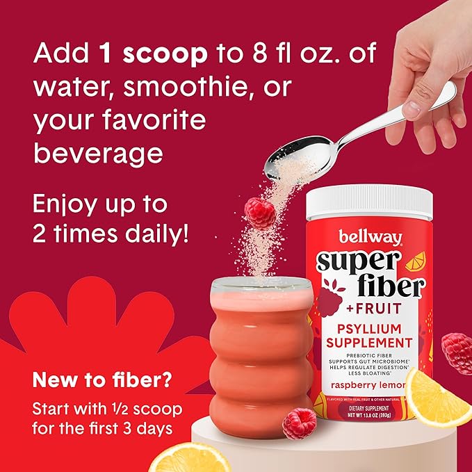 Bellway Super Fiber Powder + Fruit (3 Pack), Sugar Free Organic Psyllium Husk Powder Fiber Supplement for Regularity, Bloating Relief & Gut Health, Non-GMO, Plant-Based, Raspberry Lemon (150 Servings)
