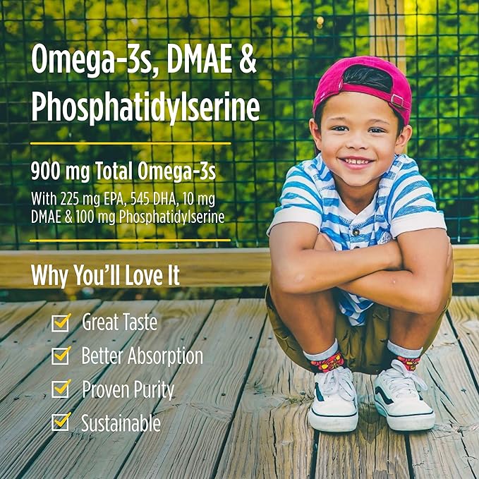 Nordic Naturals Omega Focus Jr., Lemon - 120 Mini Soft Gels - 900 mg Total Omega-3s with EPA, DHA, DMAE & Phosphatidylserine - Attention, Learning - Non-GMO - 30 Servings