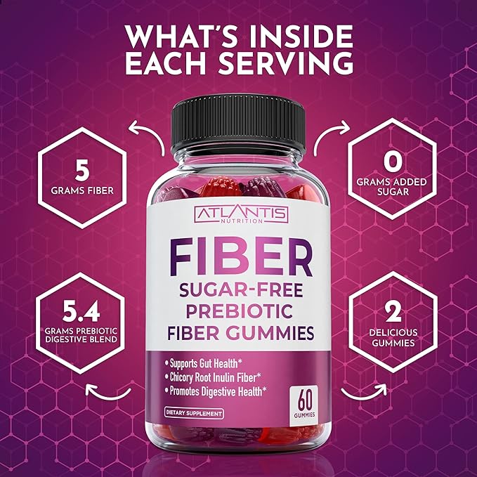 Atlantis Nutrition Sugar Free Fiber Gummies for Adults - 5G Fiber Supplement Formulated with 5.4G Prebiotic Digestive Blend - Supports Gut Health & Promotes Healthy Digestion - 2-Pack 120 Gummies
