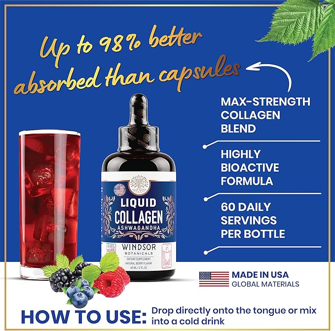 Liquid Collagen for Women with Ashwagandha, Elderberry, L-Theanine - High Absorption 100,000 mcg Hydrolyzed Collagen Peptides Liquid - Collagen Drops Hair, Skin, Nails and Nails Support – 60 Servings