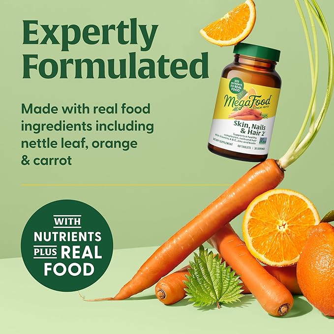 MegaFood Skin, Nails & Hair 2 - Vitamins For Women & Men - Biotin, Vitamin A, Vitamin C, Zinc, Vitamin B6, Vitamin E, Pantothenic Acid - Vegan - Made Without 9 Food Allergens - 90 Tabs (45 Servings)