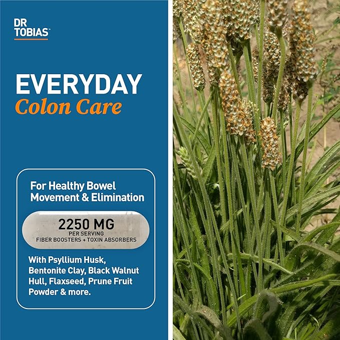 Dr. Tobias Psyllium Daily, Supports Healthy Bowel Movement, Psyllium Husk Capsules with Bentonite Clay, Flaxseed & Natural Ingredients, Daily Fiber Supplement in Support of Colon Health, 180 Capsules