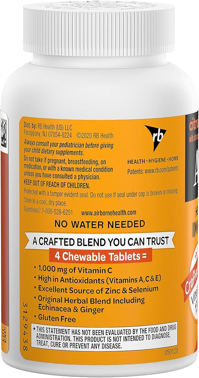 Airborne 1000mg Chewable Tablets with Zinc, Immune Support Supplement with Powerful Antioxidants Vitamins A C & E - 96 Tablets, Citrus Flavor