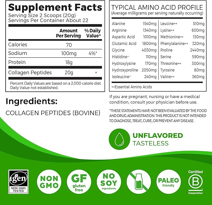 Orgain Hydrolyzed Collagen Peptides Powder For Women & Men, 20g Grass Fed Collagen, Unflavored - Hair, Skin, Nail, & Joint Support Supplement, Paleo & Keto, Non-GMO, Type I and III, 1lb