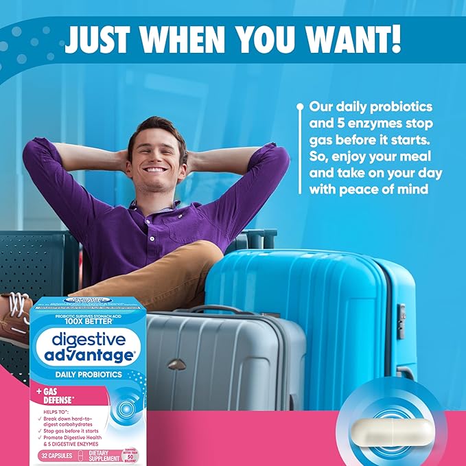 Digestive Advantage Gas Defense, Daily Probiotics for Women & Men Digestive Health with 5 Digestive Enzymes, Supports Gut Health & Stops Gas Before Start, with Immune Support, 32 Capsules