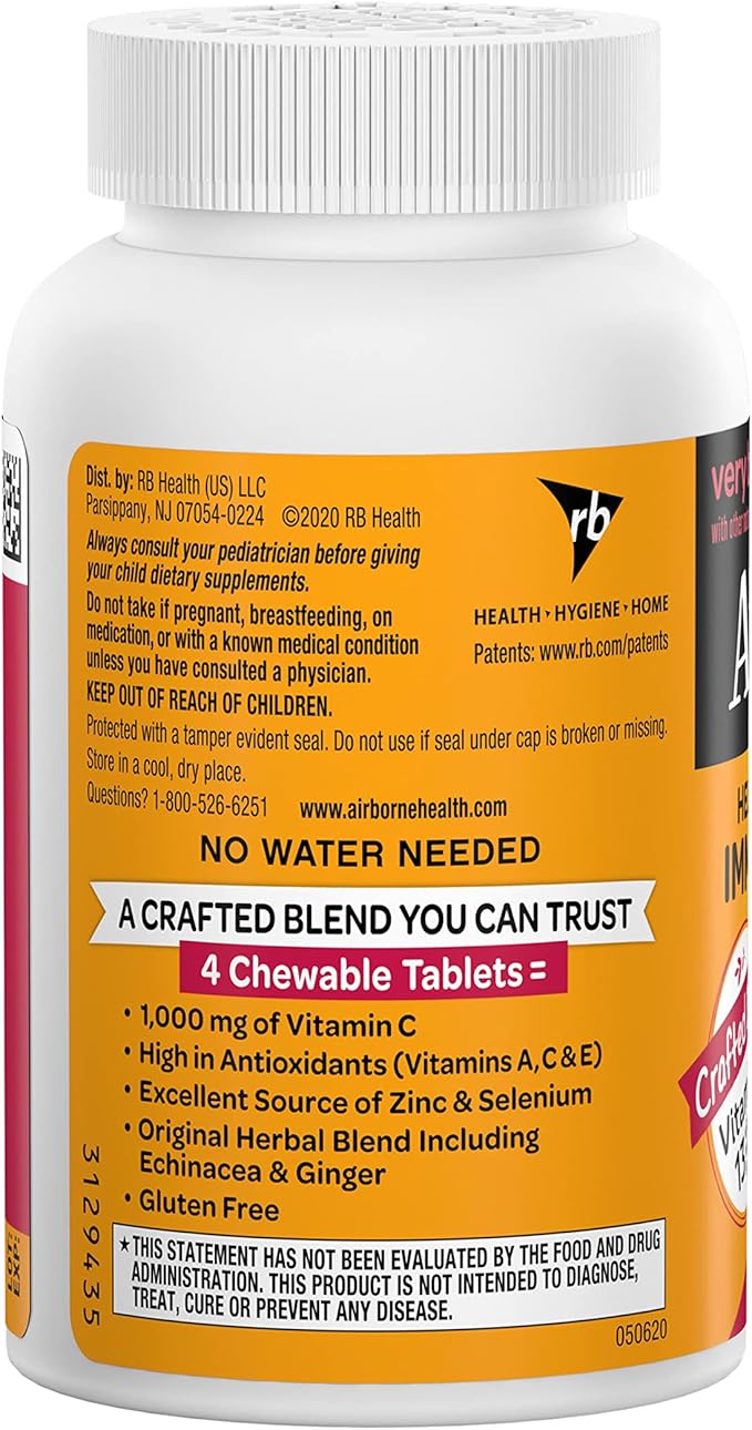Airborne 1000mg Vitamin C Chewable Tablets with Zinc, Immune Support Supplement with Powerful Antioxidants Vitamins A C & E - 96 Chewable Tablets, Very Berry Flavor