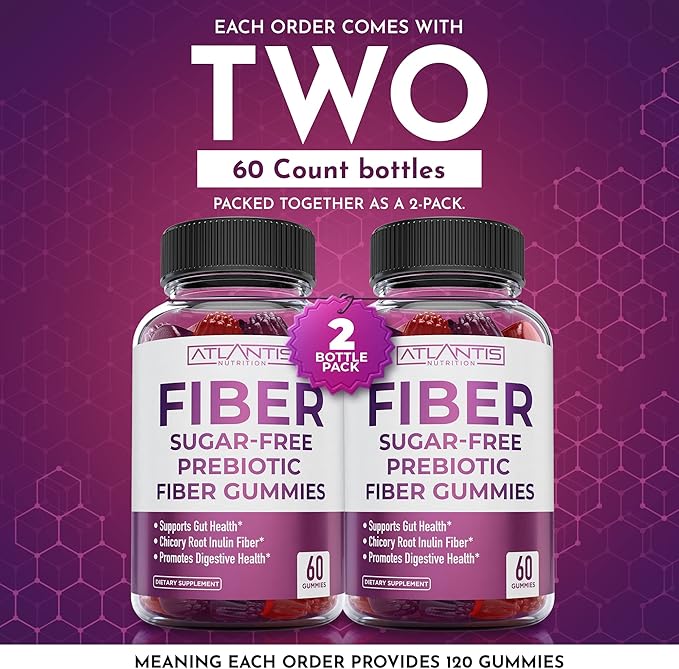 Atlantis Nutrition Sugar Free Fiber Gummies for Adults - 5G Fiber Supplement Formulated with 5.4G Prebiotic Digestive Blend - Supports Gut Health & Promotes Healthy Digestion - 2-Pack 120 Gummies