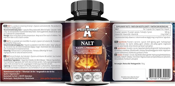Apollo's Hegemony N-Acetyl-L-Tyrosine (NALT) 500mg and Active Vitamin B6 (P-5-P) 2mg - 120 Capsules - 4 Months Supply - High Strength Amino Acid Supplement - Cognitive Booster
