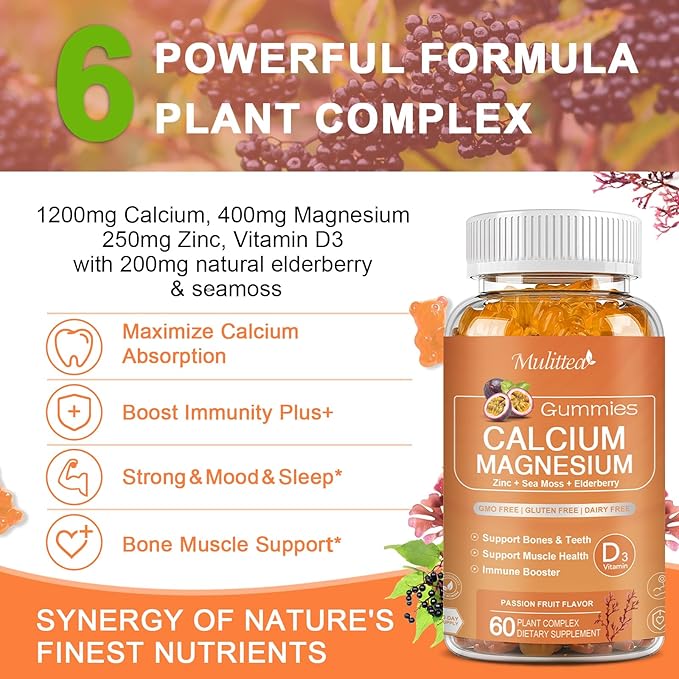 1200mg Calcium Gummies with D3,K2,Zinc - Plant Complex Calcium Magnesium Supplement with Glycinate,Potassium,Vitamin C &Whole Natural Food for Bone & Immune Support- 60 Chewable Gummy Sugar-Free