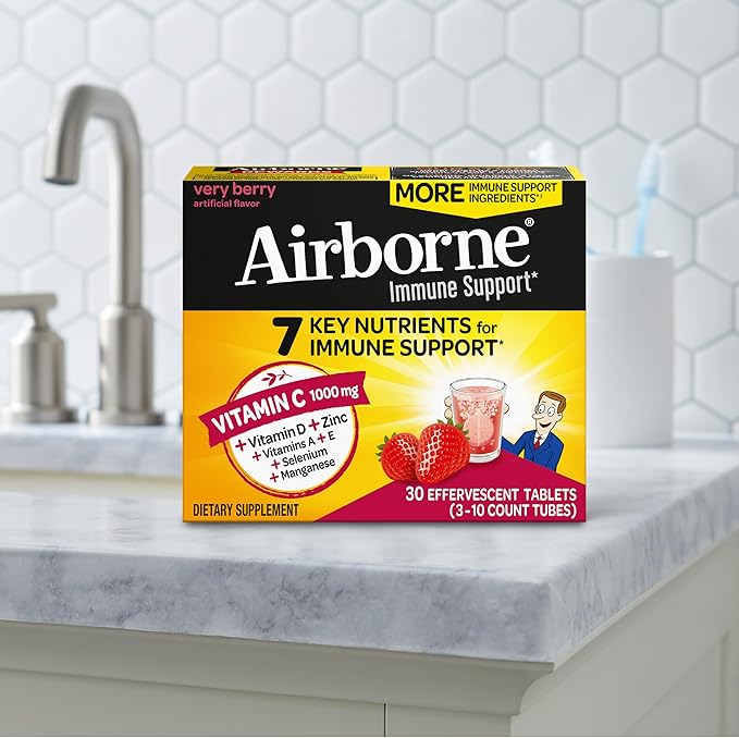 Airborne 1000mg Vitamin C with Vitamin D & Zinc, SUGAR FREE Multivitamin Immune Support Supplement, Antioxidants Vitamins A C & Vitamin E, 30 Effervescent Tablets, Very Berry Flavor