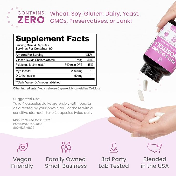 Premium Inositol Supplement - Myo-Inositol and D-Chiro Inositol Plus Folate and Vitamin D - Ideal 40:1 Ratio - Healthy Hormone Balance & Healthy Ovarian Support for Women - Vitamin B8-90 Day Supply