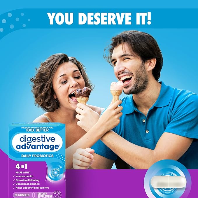 Digestive Advantage Probiotics For Digestive Health, Daily Probiotics For Women & Men, Supports Gut Health, Occasional Bloating & Diarrhea, Minor Abdominal Discomfort, & Immune Support, 80ct Capsules