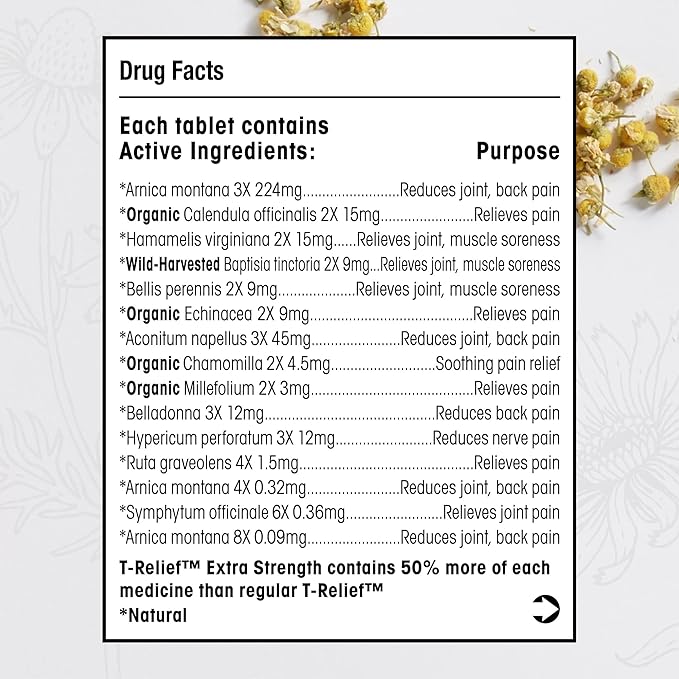 T-Relief Extra Strength Pain Relief Arnica +12 Natural Relieving Actives for Back Pain Joint Soreness Muscle Aches & Stiffness, Whole Body Fast-Acting Relief for Women & Men - 100 Tablets