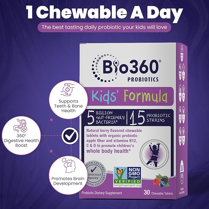 Kids Probiotic Supplement, Daily Support for Kid's Gut, Immune, Brain & Whole Body Health, 15 Strains 5 Billion CFU, Organic Prebiotic Apple Fiber, 30 Chewable Mixed Berry Flavor