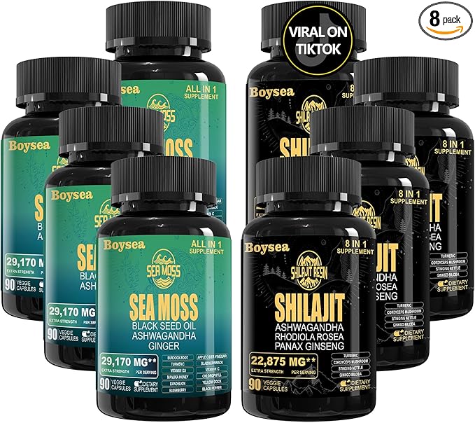 Boysea.Shilajit and Sea Moss Bundle - Sea Moss (7000mg), Ashwagandha (2000mg), Black Seed Oil (4000mg), Ginger & Shilajit (9000mg), Rhodiola Rosea (1000mg) – 90 Count (4 Pack)