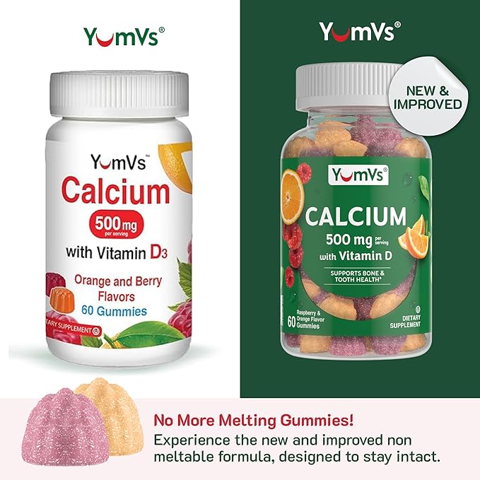YumVs Calcium 500mg with Vitamin D3 - Raspberry & Orange Flavor Calcium Vitamin D Gummies, Chewable Calcium Supplement for Kids & Adults, Vitamin D Calcium Gummies (60 Count (Pack of 2))