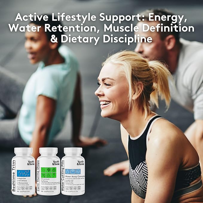 Youth & Tonic Shred Sculpt Lean 3 x Diet Pills w Water Weight Away & Cortithermo Shape & Bedtime Trim as Support for Metabolism Energy Cravings Water Retention Loss & Belly Bloating for Women & Men