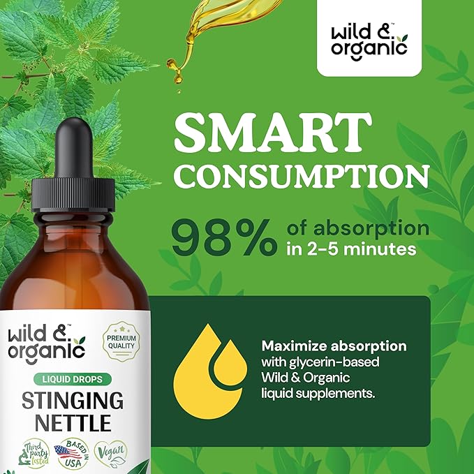 Wild & Organic Stinging Nettle Tincture - Stinging Nettle Root Extract Drops - Nettle Root Herb Tincture - Vegan, Alcohol Free Supplement - 4 fl oz