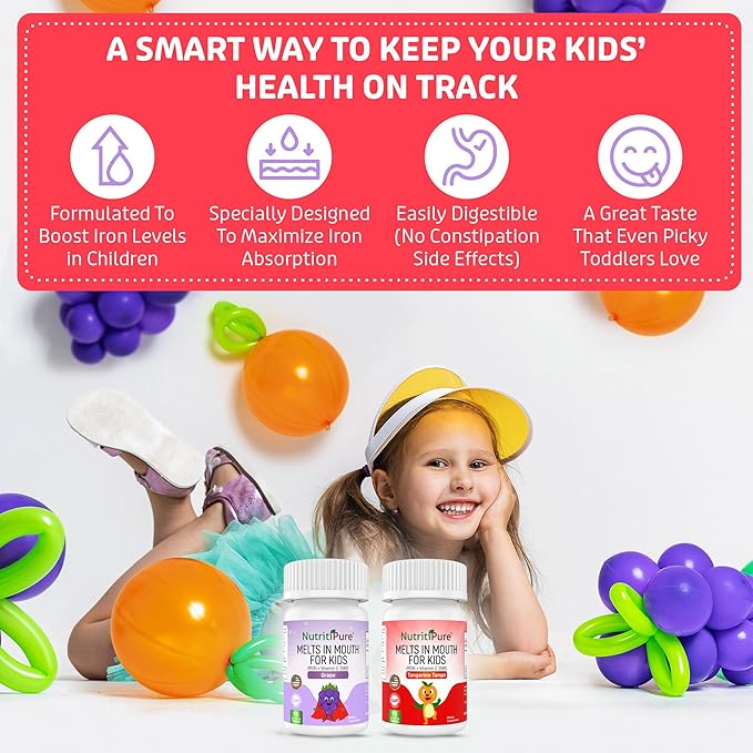 Chewable Iron Supplements for Kids (Ferronyl®/Carbonyl Iron 9 mg with Vitamin C 30 mg) Tablet in Delicious Grape Flavor Kids Iron Supplement 90 Count (1 Bottle)
