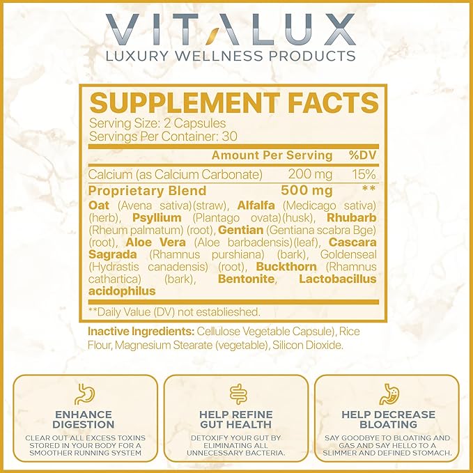VITALUX || #1 Rated Premium Colon Cleanse & Detox || Enhance Digestion, Gut Health, Decrease Bloating | Ultra Dosed Formula w/ 10 Powerful Ingredients | 3rd Party Tested + USA Made - 60 Capsules