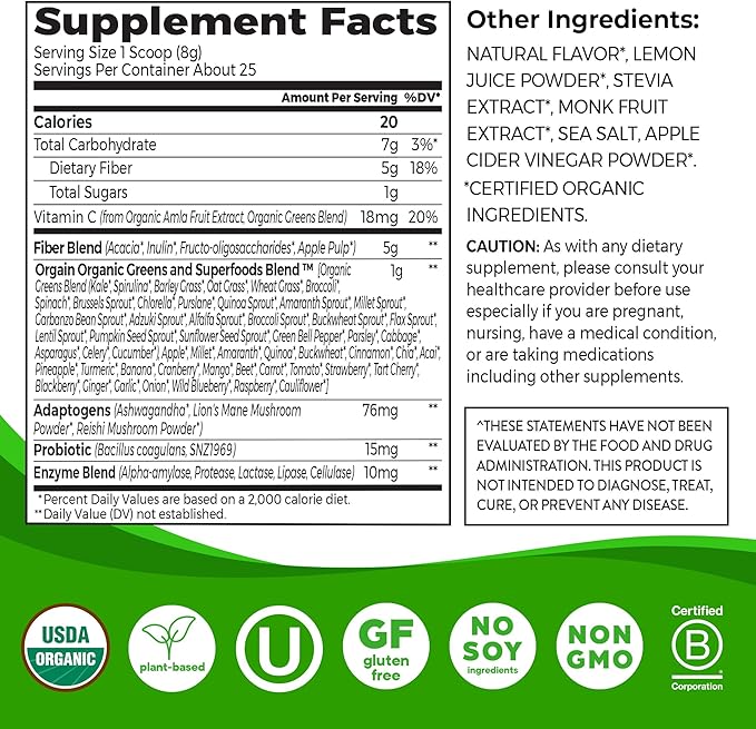 Orgain Organic Wonder Gut Fiber Supplement Powder, 5 in 1 Blend with 1 Billion Probiotics, Greens, Vitamin C, Adaptogens for Gut Health and Immune Support, Non-GMO, Strawberry Lemonade, 7.05 oz