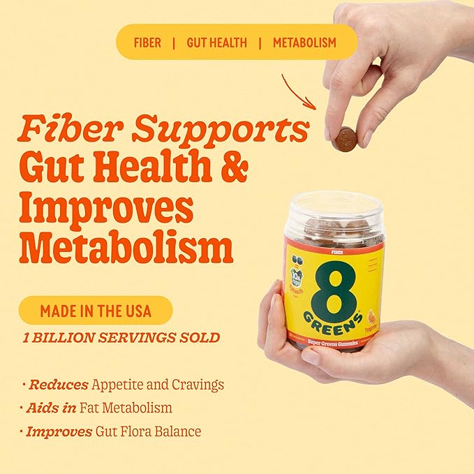 8Greens Fiber Super Greens Gummies | Fiber, Gut Health, Metabolism. Digestive Health, Boost Immune System & Digestive Health with 8 Real Greens - Non-GMO Formula, Gummy, Tangerine Flavor, 50 Count