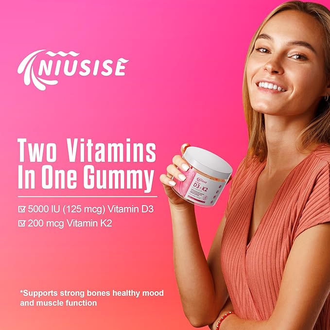 Vitamin D3 + K2 Sugar Free Gummies, 10000 IU Vitamin D3 + 250 mcg Vitamin K2, Supports Bone & Heart Health for Adults, Promotes Calcium Absorption & Immune Health, Non-GMO, 60 Gummies