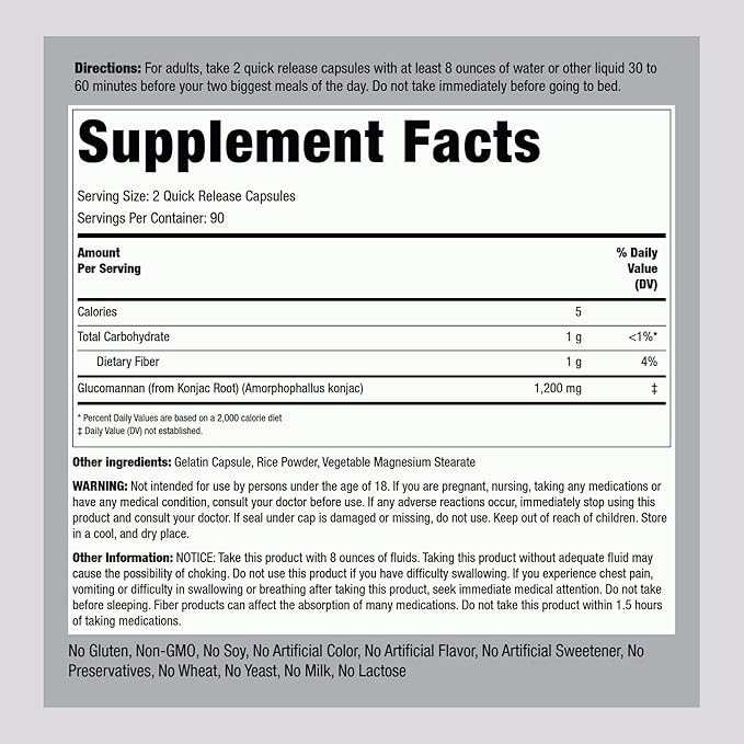 Piping Rock Glucomannan Capsules 600mg | 180 Pills | Konjac Root Fiber Supplement | Non-GMO, Gluten Free