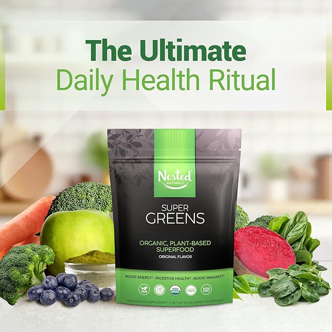Super Greens Daily Greens Superfood Powder - Certified USDA Organic Green Powder w/20+ Whole Foods, Spirulina Powder, Wheat & Barley Grass - Probiotics, Fiber & Enzymes - Original Refill, 30 Servings