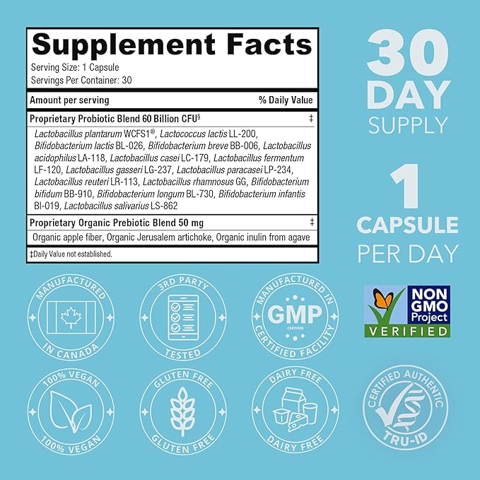 Extra Strength Probiotic for Digestive Health and Immune Support, 60 Billion CFU & 15 Strains, Gut Health Probiotics for Men and Women Supports Occasional Constipation, Diarrhea, Gas & Bloating, 60CT