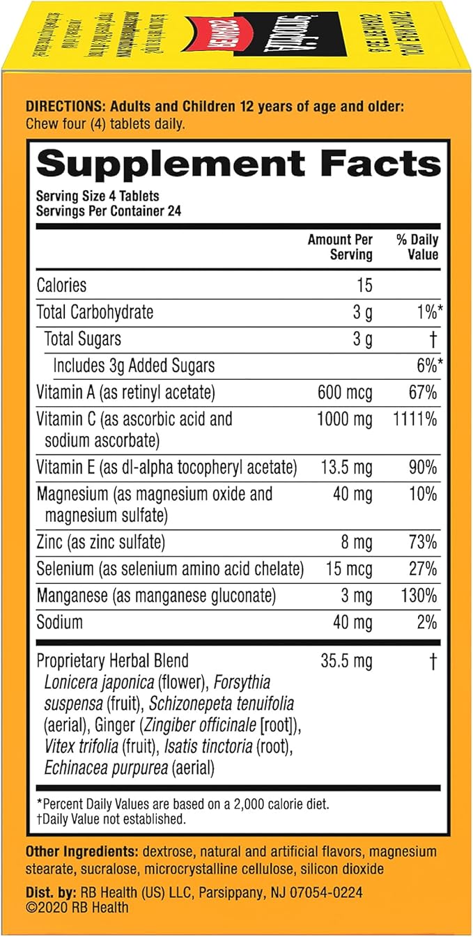 Airborne 1000mg Chewable Tablets with Zinc, Immune Support Supplement with Powerful Antioxidants Vitamins A C & E - 96 Tablets, Citrus Flavor