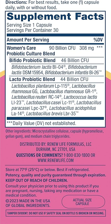 Renew Life Women's Probiotic Capsules, Supports pH Balance for Women, Vaginal, Urinary, Digestive and Immune Health, L. Rhamnosus GG, Dairy, Soy and Gluten-Free, 90 Billion CFU - 30 Ct