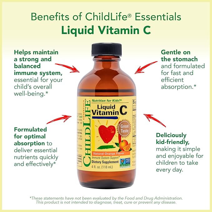 CHILDLIFE ESSENTIALS Liquid Vitamin C - Liposomal Vitamin C Liquid, Pure Vitamin C, Vitamin C for Kids, Liquid Supplement, Immune System Support, Great Taste - Natural Orange, 4 Fl Oz (Pack of 3)