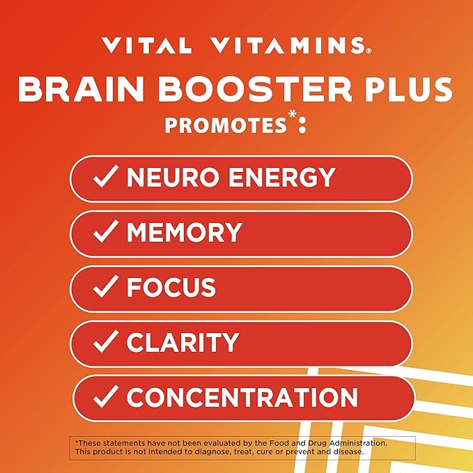 Vital Vitamins Brain Supplements for Memory & Focus - Brain Booster Plus Lion's Mane - Nootropic Brain Health - Memory, Clarity, Energy, Brain Fog - 60 Ct