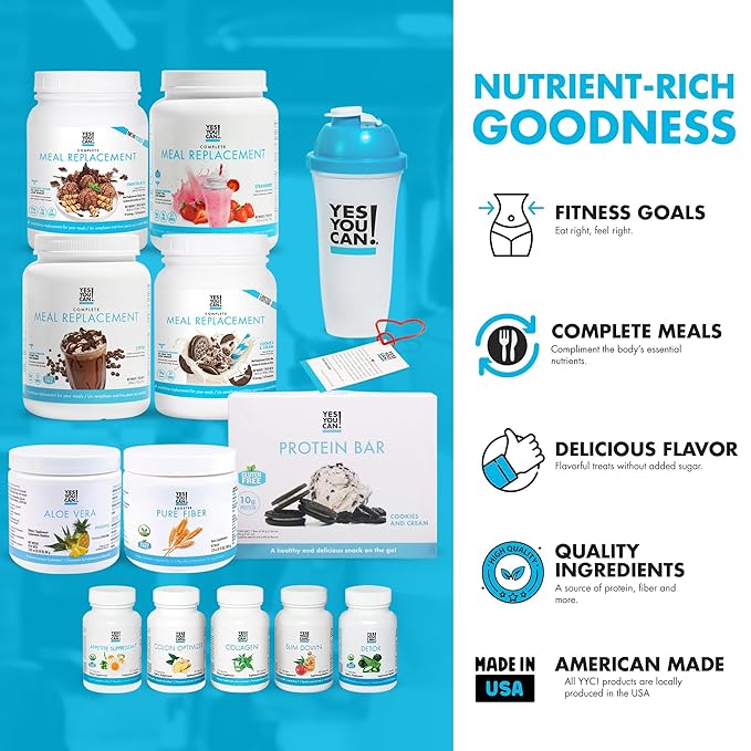 Yes You Can! All-in-One Kit with Meal Replacement Shakes, Aloe Vera Drink Mix, Fiber Shake Mixer, Protein Snacks, Supplements - Complete Wellness Kit