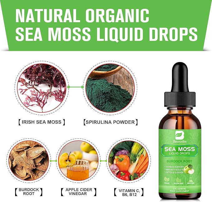 Sea Moss Liquid Drops - Organic Irish Sea Moss Gel with Burdock Root, Vitamin C, B12, 3000mg Seamoss Gel Supplement for Immune, Joint, Detox Cleanse & Digestive Support - 2 Fl Oz