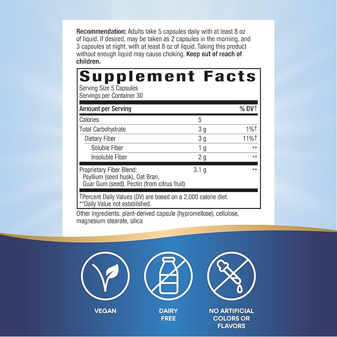 Nature's Way Fiber Fusion Daily, with Psyllium Husk, Oat Bran, Guar Gum, Pectin, Digestive Health Support*, Vegan, 150 Capsules (Packaging May Vary)