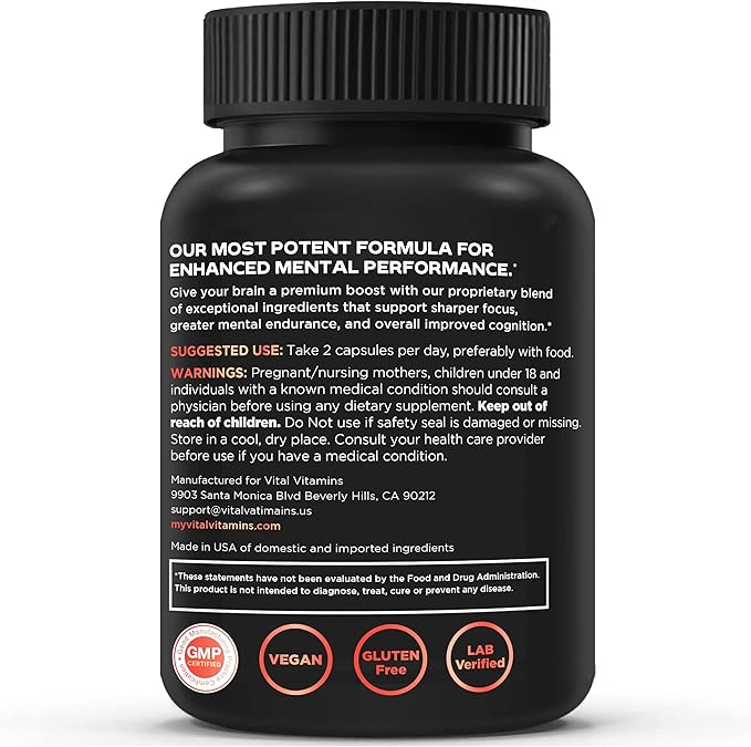 Vital Vitamins Brain Supplements for Memory & Focus - Brain Booster Plus Lion's Mane - Nootropic Brain Health - Memory, Clarity, Energy, Brain Fog - 60 Ct