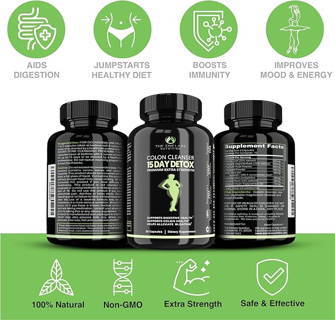 THE ENCLARE NUTRITION Colon Cleanse Fast-Acting Detox; Healthy Bowel Movement, Laxatives for Constipation Relief, Bloating, Probiotic, Fiber, Supports Regularity, Energy, Gut Immunity,Diet Pills (2)
