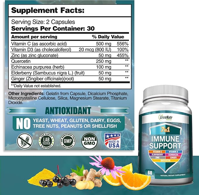 7 in 1 Immune Support Supplement with Vitamin C, Vitamin D3, Zinc 50mg, Quercetin, Echinacea Purpurea, Sambucus Elderberry and Ginger for Complete Immune Defense - 60 Capsules (6 Bottles)