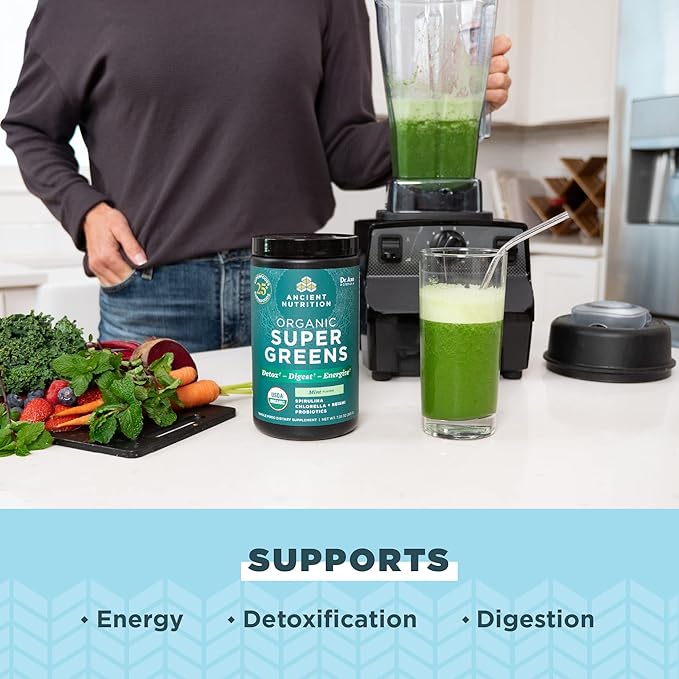 Ancient Nutrition SuperGreens Powder with Probiotics, Organic Peppermint Flavor Greens, Made from Real Fruits, Vegetables and Herbs, Digestive and Energy Support, 25 Servings, 7.23oz