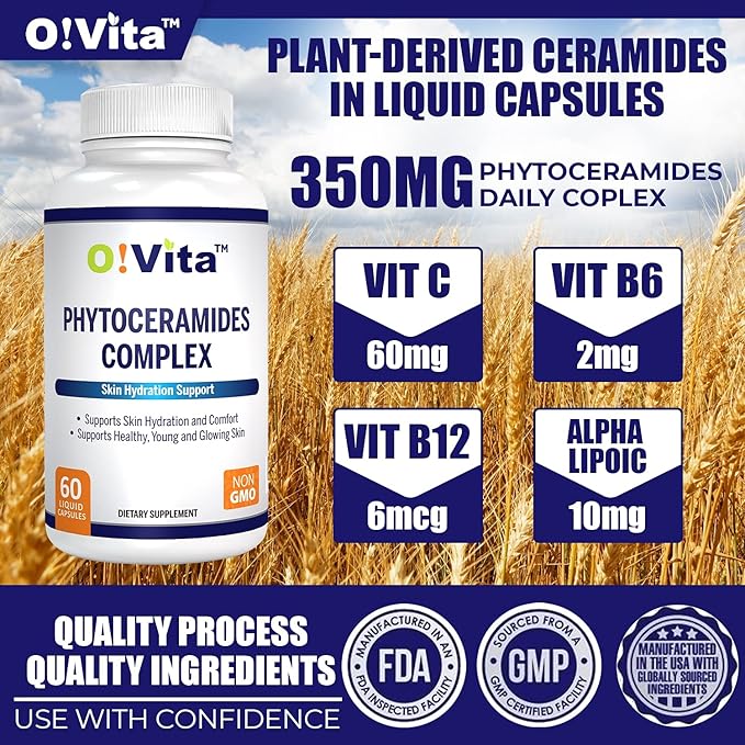 Phytoceramides Complex, Skin Repair and Rejuvenation, Anti-Aging Support, Plant-derived Ceramides, with Vitamins C, B-6, and B-12, 2-Month Supply (60 Non-GMO Liquid Capsules)